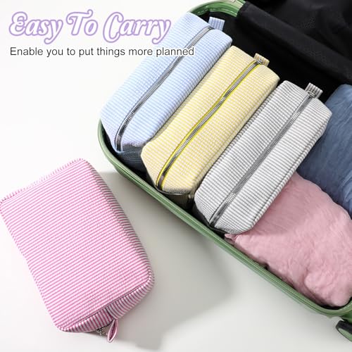 6 Pcs Seersucker Cosmetic Bag Seersucker Makeup Bags Women Stripe Large Travel Toiletry Organizer Preppy Storage Pouch Seersuck Travel Toiletry Bag for Embroidery Wedding Bridesmaid Bride Mom Gift