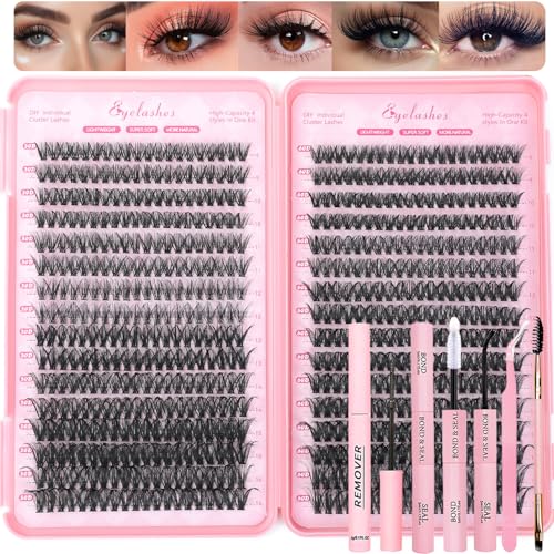 Lash Clusters Kit, 640 Pcs Eyelashes Clusters Extensions Kit 9-16mm Individual Lashes D Curl Fluffy Wispy False Eyelashes Thin Band, with Bond Seal Remover Tweezers Brush DIY (50D+60D Kit 9-16mm)