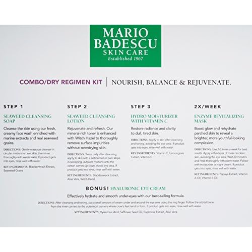 Mario Badescu Combo/Dry Regimen 5 Piece Kit, Skincare Gift Set Includes Seaweed Cleansing Soap, Seaweed Cleansing Lotion, Hydro Moisturizer, Enzyme Revitalizing Mask, and Hyaluronic Eye Cream