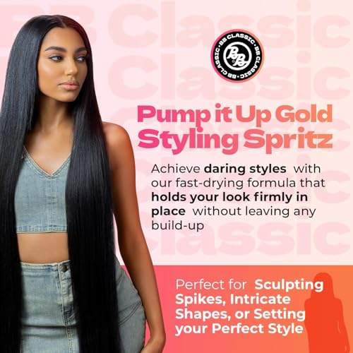 Bronner Bros Pump It Up Styling Spritz Gold 80% ? Fast-Dry Hair Spray Extra Hold with Vitamin B5 & Silk Protein - Maximum Hold Finishing Spritz Hairspray, Adds Shine, Nourishes, No Build-up - 8oz