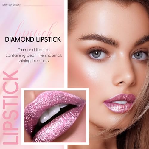 Metallic Pink Frost Glitter Lipstick for Women, Long Lasting High Shine Diamond Creamy Nude Light Pink Lipstick Transfer Proof,Shimmer High Impact Full Coverage Non Stick Cup Lip Makeup#1