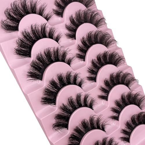 Eyelashes Wispy Lashes Strips - Russian D Curl Strip lashes, 3D Volume Mink Eyelash for Dramatic Look, 7-Pairs Fluffy False Eyelashes