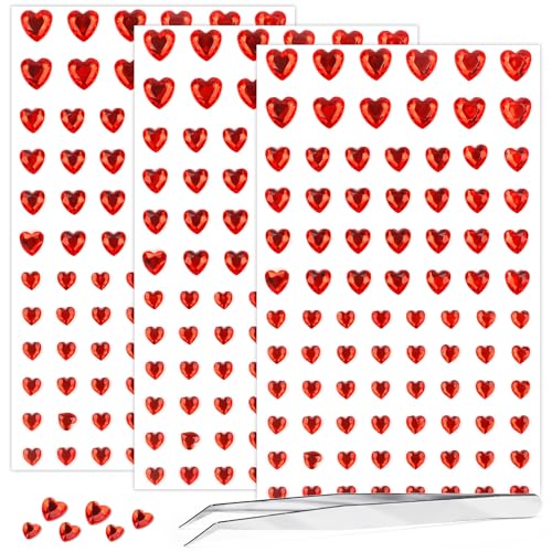 264Pcs Heart Face Gems Love Gems, Self-Adhesive Face Jewels Rhinestones 5/7/10 mm DIY Face Gems Stick on, Valentine Makeup Gems Rave Accessories for Face Eyes Hair Makeup Body, Crafts (red)