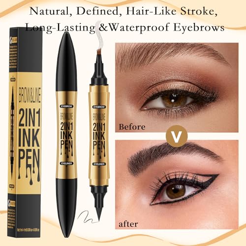 3D Four-Tip Eyebrow Pen & Eyeliner Duo - Waterproof, Long-Lasting, Smudge-Proof, Easy to Use for Perfect Brows and Defined Eyes - Black Eyebrow Pencil & Black Eyeliner