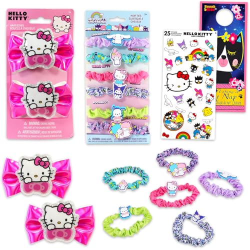 Hello Kitty Hair Accessories Set - Bundle 2 Bows, 3 Elastics and 1 Clip, Stickers, and More | Hello Kitty and Friends Accessories for Girls, Kids