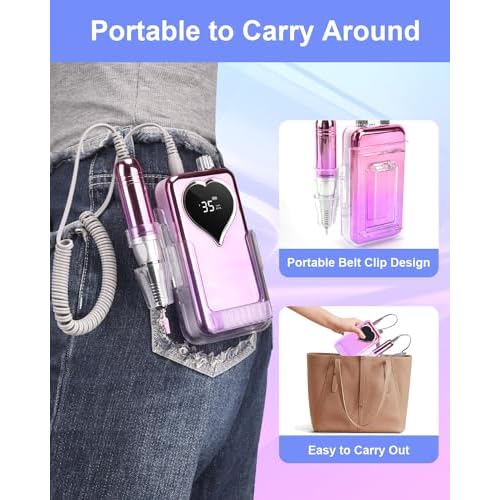 Electric Nail Drill Professional: Rechargeable Nail File with Bits for Acrylic Gel Nails, Professional Nail Drill Manicure Pedicure Polishing Shape Tools for Home Salon (Purple)