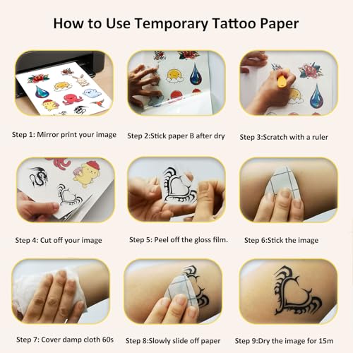 Temporary Tattoo Paper for Laser/INKJET Printer, 8.5"X11" 6 Sheets Printable Tattoo Transfer Paper, DIY Tattoos Stickers for Adult, Kids, Personalized Tattoo Custom Images for Party