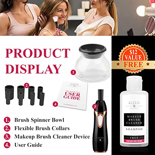 Kleem Electric Makeup Brush Cleaner Machine | Automatic Makeup Brush Washer & Spinning Dryer with Free Cleaner Shampoo | Dual-Fiber Bristles for Eyeshadow & Foundation | Made in USA | Black