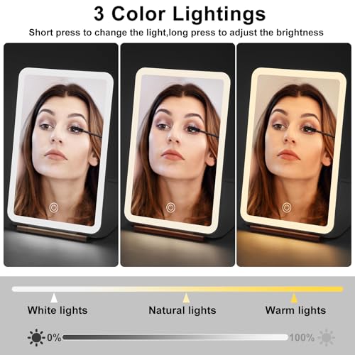 Travel Makeup Mirror with 3 Colors Light Modes, Folding Vanity Mirror with Lights, Adjustable Brightness, USB Rechargeable, Portable, Ultra Thin (White)