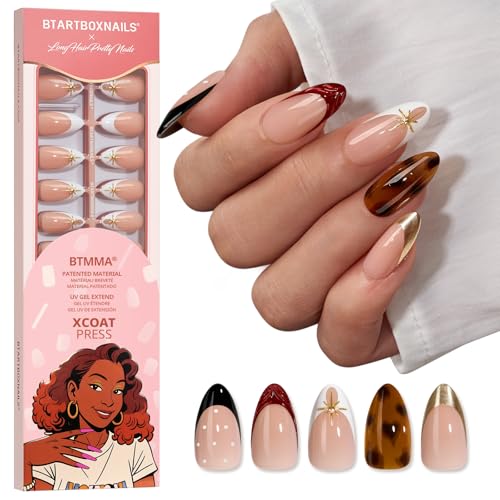 BTArtboxnails X LONGHAIRPRETTYNAILS Press On Nails - Whispers of Glamour, 5 Designs Mix Match Medium Almond French Tip Press On Nails, 150 Pcs Salon Quality Soak Off Soft Gel Nail Tips in 15 Sizes