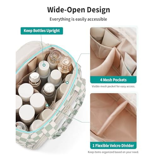 Narwey Checkered Travel Toiletry Bag for Women Large Makeup Bag, Wide-open Cosmetic Make Up Organizer with Handle, Travel Bag for Toiletries, Essentials, Accessories (Mint Green Checkerboard)