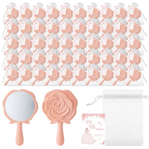 Sintuff 50 Sets Quincea?era Party Favors for Guests, 50 Pack Rose Compact Mirrors Bulk with Thank You Cards & Organza Bags, Souvenirs for Girls