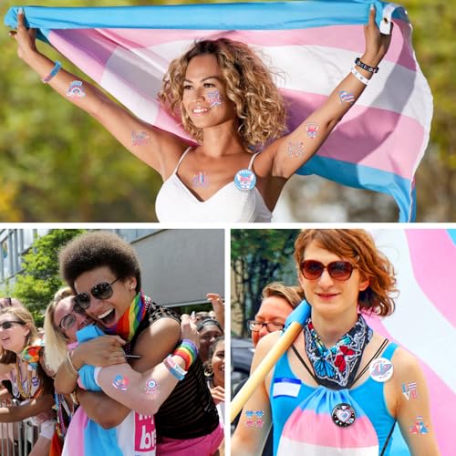 80 Pcs Transgender Pride Accessories,48 Trans Pride Temporary Tattoos 16 Badge Pins Buttons and 16 Silicone Bracelets Wristband Bulk for Trans Pride Month Parade Celebration Party Favors