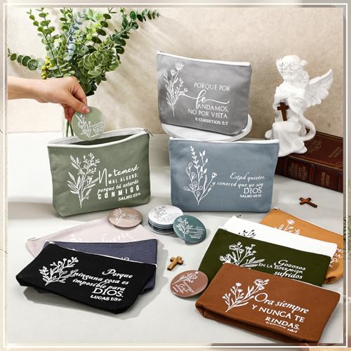 Kacctyen Spanish Christian Easter Gifts for Women Bulk Bible Verse Makeup Bags Religious Gift Regalos Cristianos Para Mujer Canvas Pouch Compact Mirrors Mother's Day Church Gift(Boho Color,30 Sets)