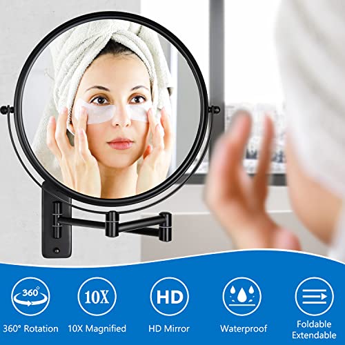 DECLUTTR 9 Inch Large Wall Mounted Makeup Mirror, 1X/10X Magnifying Mirror Double-Sided, 360¡Æ Swivel Extendable Makeup Mirror for Bathroom, Black