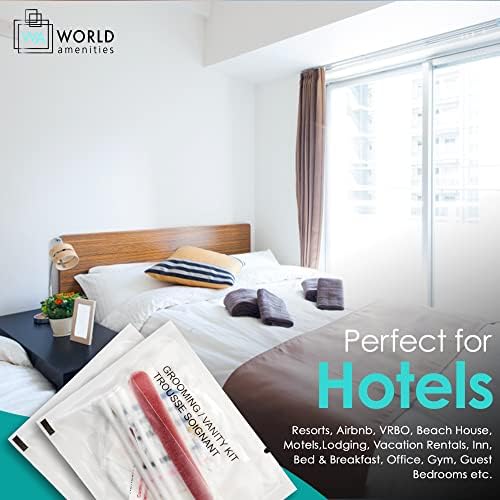 World Amenities Necessities Grooming Vanity Kit | Clear Frosted Sachet, Hotel Amenities | Includes Sewing Kit, Nail File, Cotton Swabs, 2 Cotton Rounds and Band-Aid