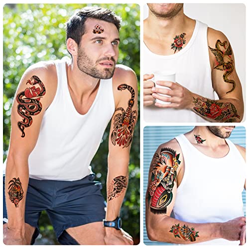 77 sheets Classic Temporary Tattoos Adult, Old School Tattoos Stickers, Sailor Jerry Style Fake Tattoo, American Traditional Flower Rose Arm Temporary Tattoos for Women Men Kids