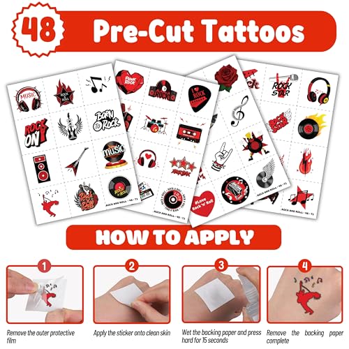 72PCS Rock and Roll Party Set 48PCS Temporary Tattoos 24PCS Slap Bracelets Music Themed Birthday Supplies, Baby Shower Gifts, Classroom Rewards & Party Decor for Kids Boys Girls