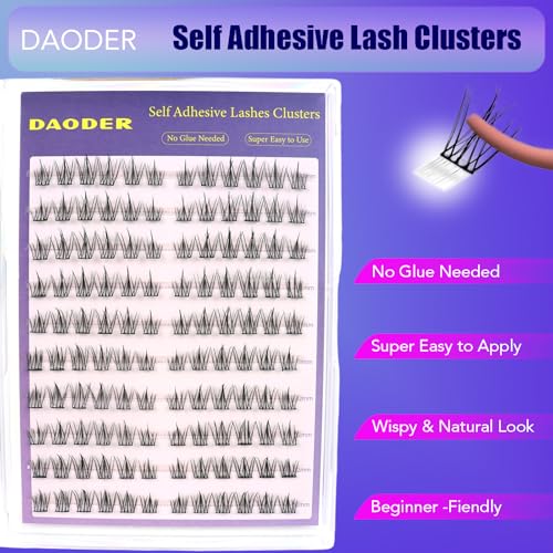 DAODER Self Adhesive Eyelashes No Glue Need, Wispy Self Adhesive Lash Clusters Natural Look, 10-12MM Short Pre Glued Eyelash Clusters C Curl Reusable Stick On Eyelashes(Sunflower 10-12MM)