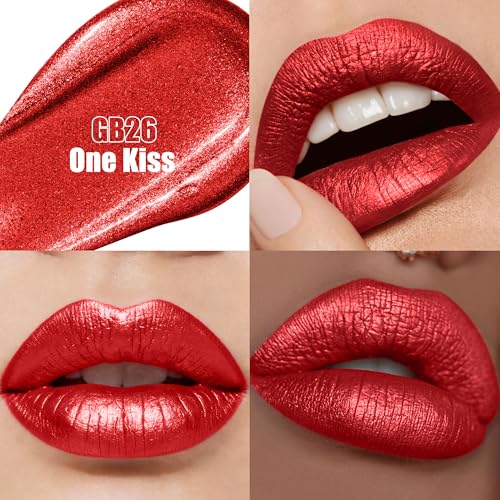 Red Metallic Lipstick and Lip Liner Combo Makeup 2-in-1 Shimmer Glitter Lipsticks for Women Metallic Lip Gloss Stain Waterproof Smudgeproof Long Lasting Lipsticks (GB26 One Kiss) | long lasting, metallic, waterproof, smugeproof, shimmer