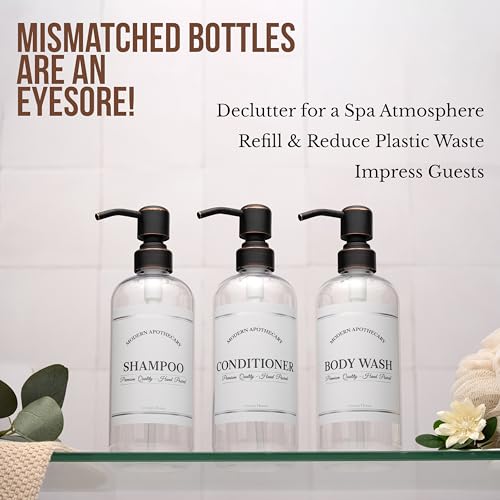 Clear Refillable Shampoo, Conditioner, and Body Wash Bottles - PET Plastic Shampoo Bottles Refillable with Oil Rubbed Bronze Pump - Waterproof Labels - 16 oz, 3 Pack