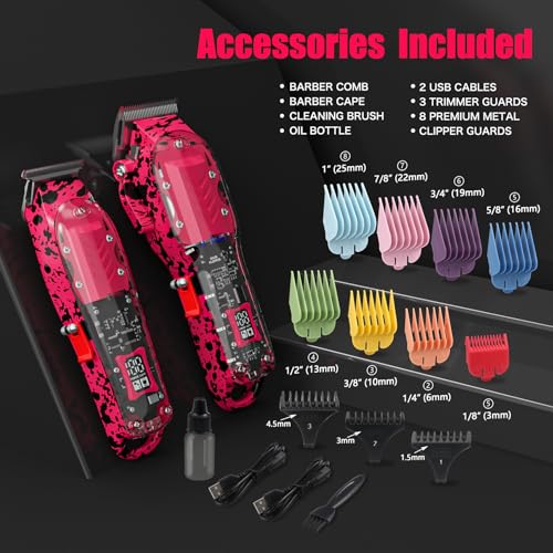 Professional Hair Clippers for Men, Cordless Barber kit for Hair Cutting & Grooming, Hair Clippers and Trimmer Set for Barber Haircut with LED Display, 8 Fade Taper Combs(Pink Set)