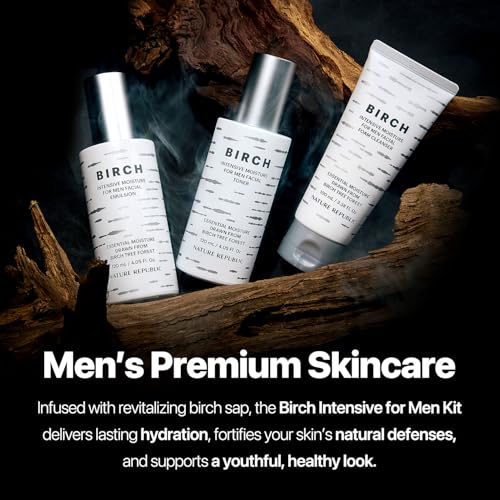 Nature Republic Birch Intensive for Men Skin Care Kit, Face Wash & Moisturizer for Hydrated Skin, Facial Toner (4.05 Fl.Oz) Emulsion (4.05 Fl.Oz) Cleaner (3.38 Fl.Oz), Korean Gift Sets