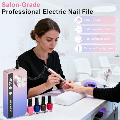 Professional Electric Nail Drill 40000RPM for Salon Home Use, Cordless Rechargeable Nail File Machine Kit with 12PCS Bits for Acrylic Gel Nails, Portable Efile Manicure Pedicure Tool (Pink Blue)