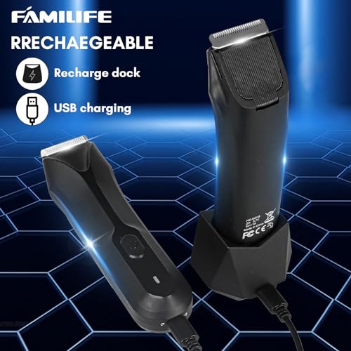 FAMILIFE Body Trimmer for Men, Ball Trimmer Men, Electric Groin & Pubic Hair Trimmers, Replaceable Ceramic Blade Heads, Waterproof Wet/Dry Use, Standing Recharge Dock, 90 Minutes Usage