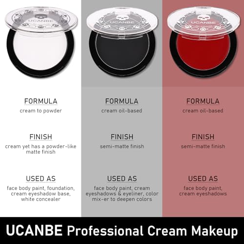Goth White Foundation + Black Red Face Body Paint for Halloween Makeup, Face Painting Kit with Brushes Facepaint Set for Adults Clown Vampire Skull SFX Make Up Costume Cosplay Party Theater Stage