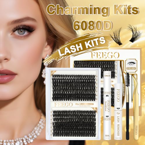 FEEGO Volume Lash Clusters Kit Eyelash Extensions Kit Lash Clusters DIY Lash 280pcs Individual Lashes Clusters 60D+80D D Curl Lashes, Double-headed mascara brush, Remover (6080D Charming Kit)