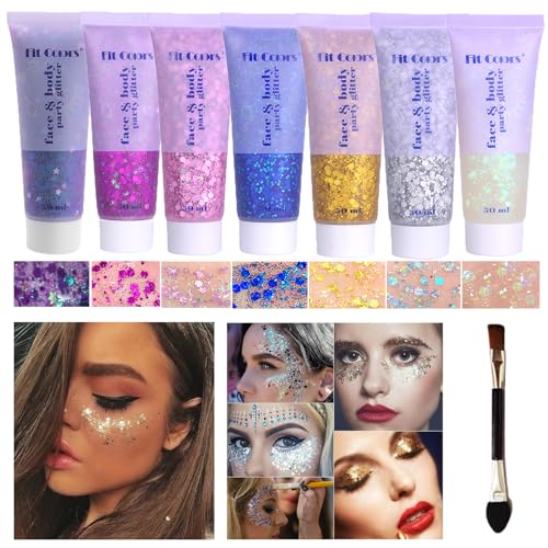 Body Glitter Face Glitter Gel: Singer Concerts Disco Festival Rave Accessories Face Glitter Makeup Chunky Sequins Mermaid Face Body Hair Glitter Gel (White&Silver&Pink&Gold&Blue&Purple&Rose)
