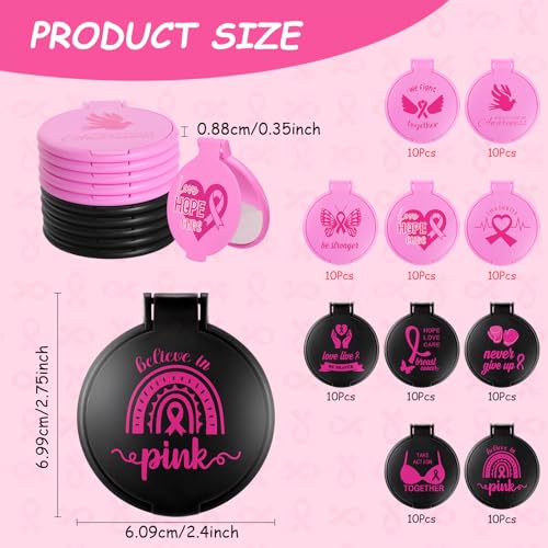 Yexiya 100 Pcs Breast Cancer Awareness Gift Bulk Breast Cancer Round Mini Folding Makeup Mirror with Pink Ribbon Pocket Travel Mirror for Women Friends(Pink, White and Black,Inspirational)