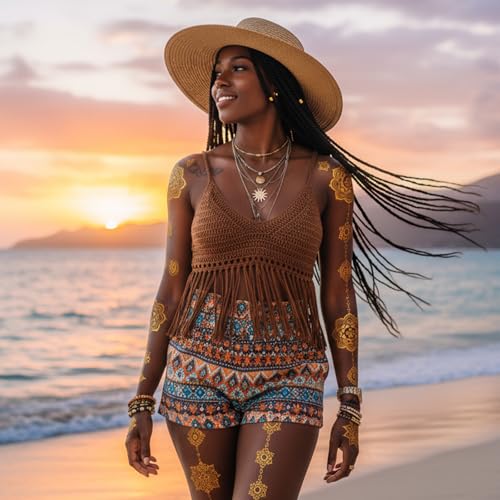 9 Sheets Gold Tattoos Temporary Tattoos For Women, Glitter Flash Tattoo Stickers Metallic Elaborate Sun Moon Star for Adult Festivals Parties Makeup Cosplay