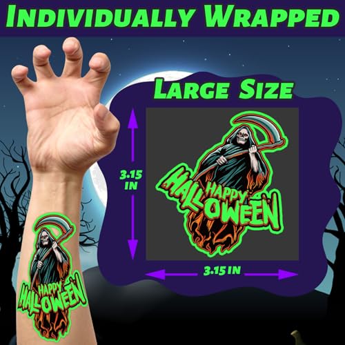 winthrop 100 Pcs Luminous Halloween Temporary Tattoos for Kids, Individually Wrapped Glow In the Dark Waterproof Large Size Tattoos,Trick or Treat, Best Choice for Halloween Candy Bag, 25 Designs