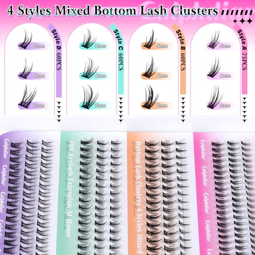 calphdiar Bottom Lash Clusters Kit DIY Eyelash Extensions 4 Styles Bottom Lashes Extension Kit Wispy Lower Eyelash Clusters Kit 5-7mm Natural Individual Lashes 225Pcs for Bottom Lash Extension