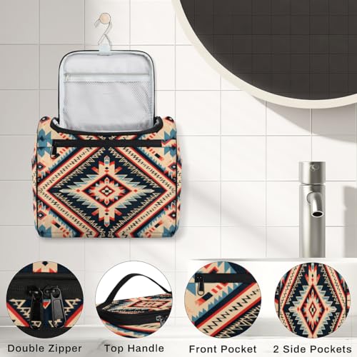 Toiletry Bag with Hanging Hook Makeup Bag Vintage Bohemian Aztec Ethnic Cosmetic Case Travel Organizer for Women Men Traveling Wash Bag