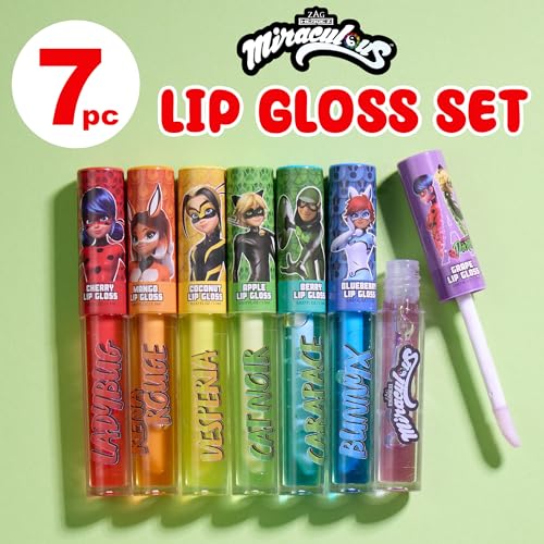 Miraculous 7pc Lip Gloss Set - Zag Heroez Lipgloss Collection Featuring Exciting Fruit Flavors & Precision Applicator Lip Gloss Tubes With Wand