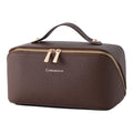 Structured Leather Makeup Bag for Women, Wide Opening Travel Cosmetic Case, Large Capacity Box Style Toiletry Organizer with Brush Compartment, Brown(Brown, Lychee Grain)