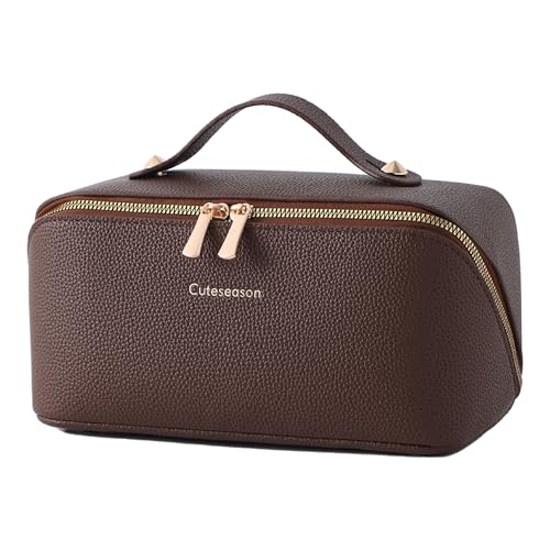 Structured Leather Makeup Bag for Women, Wide Opening Travel Cosmetic Case, Large Capacity Box Style Toiletry Organizer with Brush Compartment, Brown(Brown, Lychee Grain)