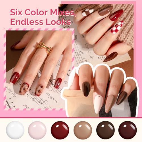 MelodySusie Highly Pigmented Gel Nail Polish Set, 0.56 fl.oz Tilt-and-Stand Bottle, HEMA Free Plant-Based Formula, 6 Colors Macarons, Soak Off UV LED Manicure Kit Gift Box(Mocha, Brown, Dark Red)