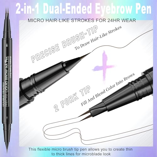 Eyebrow Pen - Eyebrow Pencil, Brow Pencil 2-in-1 Dual-Ended Microblading Eyebrow Pen with Micro-Fork-Tip and Precise Brush-Tip Create Natural Hair-Like Brows, Last All-Day, Dark Brown