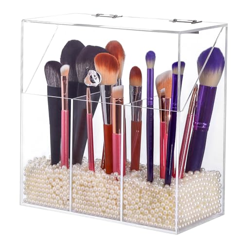Acrylic Makeup Brush Holder with Lid - Clear Cosmetic Make up Brush Organizer and Storage Box with Dustproof Cover for Vanity - Large Capacity 3-Slots Container for Brushes (White)