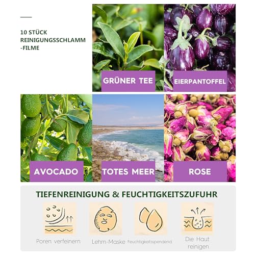 Mini Clay Mask for Face 10 Pods Travel Size Mud Mask, Dead Sea, Rose, Avocado, Green Tea, Eggplant, Blackhead Removal Deep Pore Cleansing, Self Care Gifts for Women & Men