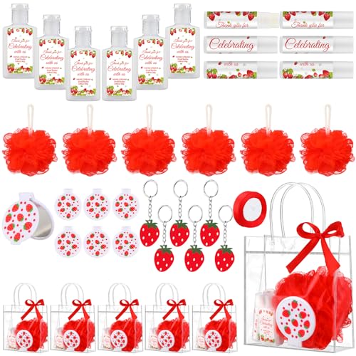 6 Sets Strawberry Baby Shower Game Prizes for Winners Bridal Shower Favors Gifts Include Strawberry Lip Balms Hand Cream Keyring Bath Ball Gift Bags Thank You for Celebrating with Us