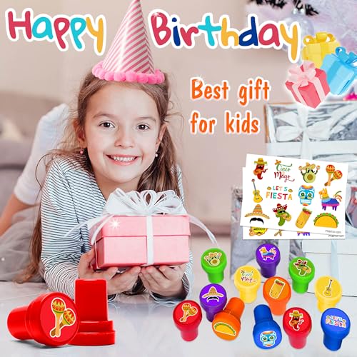 36PCS Fiesta Party Favors - 24PCS Temporary Tattoos & 12PCS Stamps - Ideal Mexican Cinco de Mayo Taco Themed Birthday Card Decorations Supplies Goodie Bag Cute Rewards for Boys Girls Kids Gifts Prizes