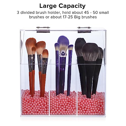 Acrylic Makeup Brush Holder with Lid - Clear Cosmetic Make up Brush Organizer and Storage Box with Dustproof Cover for Vanity - Large Capacity 3-Slots Container for Brushes (White)