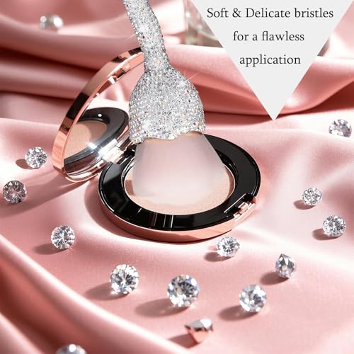 SlowVibes Rhinestone Foundation Brush,Rose Shape Bling Diamond Blush Brush Soft,Large Face Powder Makeup Brushes,Sparkle Cosmetic Nail Dust Brush,Loose Powder Brush,Women Professional Makeup Tools