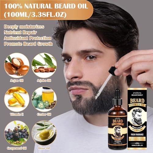 2 PACK Beard Growth Oil for Men, 100% Natural Beard Oil with Argan Oil, Jojoba Oil, Castor Oil - 6.76 FL/200ML Fresh Fragrance Beard Conditioner Softens, Nourishes,Strengthens, Promotes Beard Growth