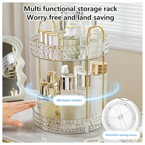 360¡Æ Rotating Cosmetic Display Case, 2-Tier Large Capacity Makeup Organizer for Bathroom Counter or Vanity, Clear White Acrylic Storage Rack for Skincare, Perfume and Beauty Essentials